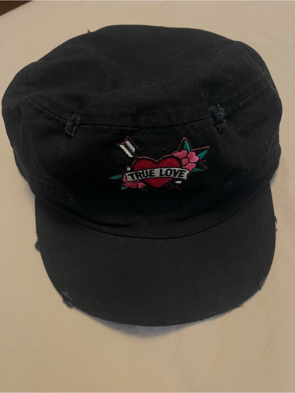 Black Military-Style Cap with Red Heart Embroidery